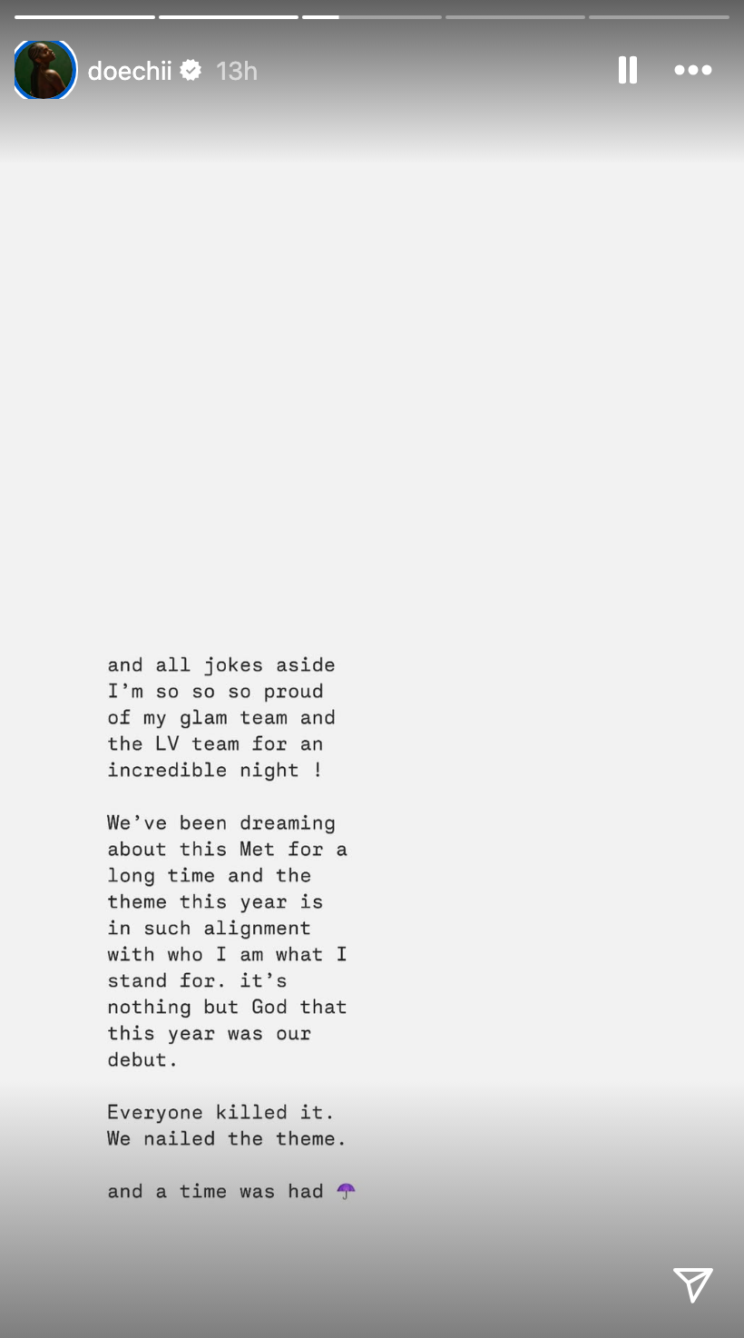 Instagram story from Doechii expresses pride in her team after the Met