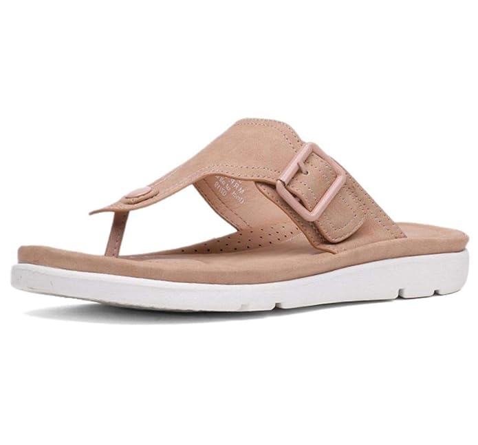 Tan orthopedic sandal with a single toe strap and adjustable buckle on a white sole, designed for comfort and support