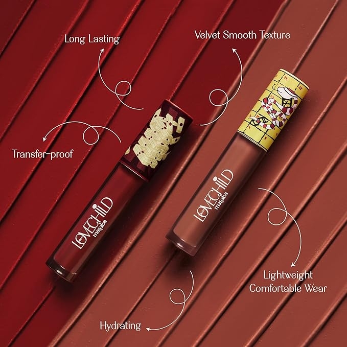 Two tubes of lipstick on a textured background, labeled features: long-lasting, velvet smooth texture, transfer-proof, hydrating, and lightweight wear