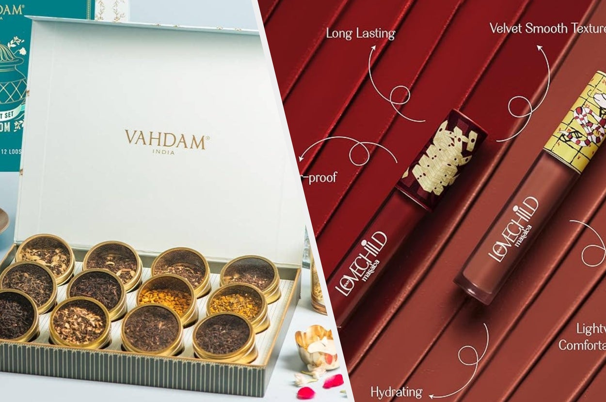 Box of Vahdam teas on left; three LoveChild lipsticks with text highlighting features on right, including long-lasting and waterproof