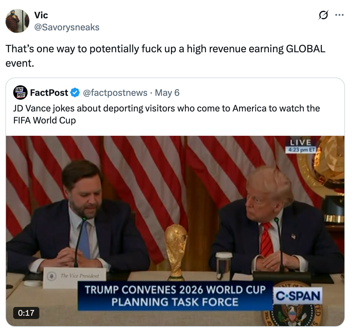 Image of a tweet criticizing JD Vance's joke about deporting FIFA World Cup visitors, featuring him and another individual. C-SPAN coverage is shown