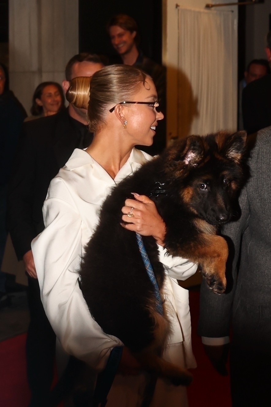 Sydney Sweeney holding a German Shepherd puppy on a red carpet