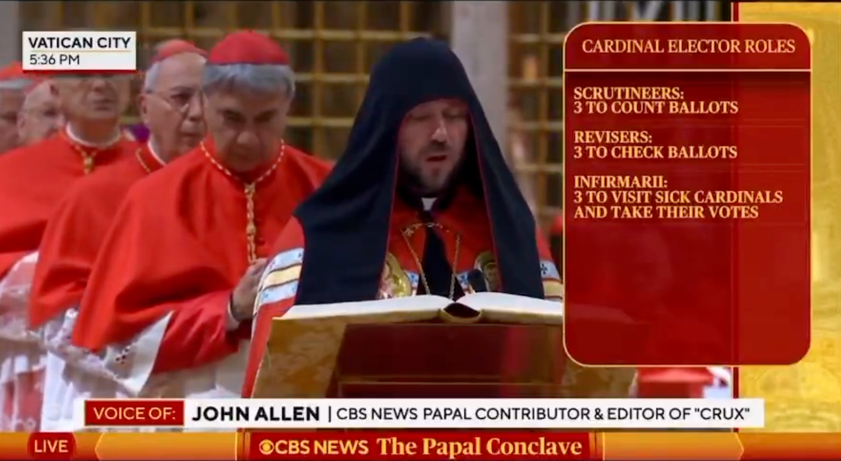Man in religious vestment reads from a large book during a ceremony at Vatican City. Text mentions cardinal elector roles: scrutineers, revisers, infirmarii