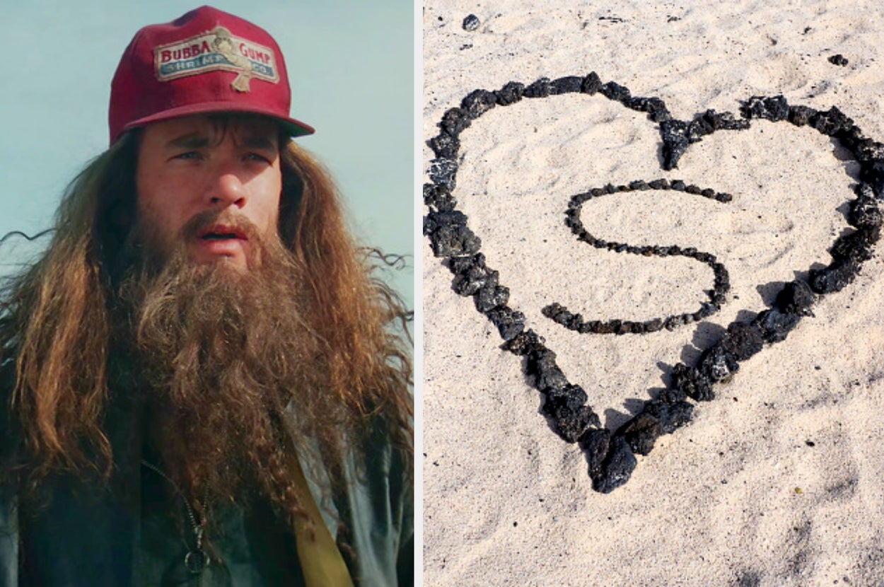 Left: Person with long hair and beard wearing a hat. Right: Letter "S" inside a heart shape made of rocks on sand