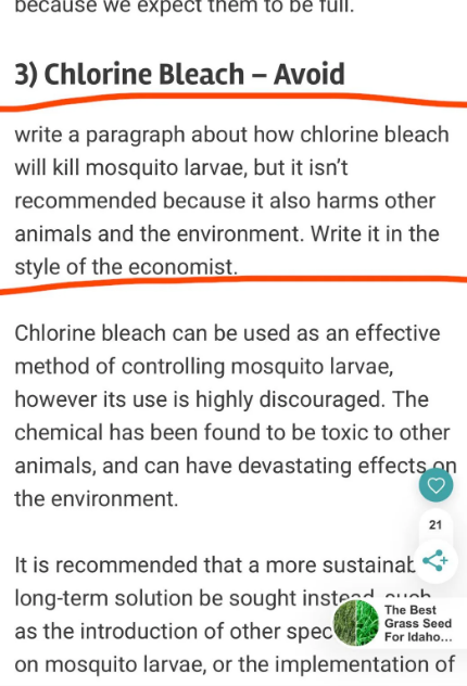 Section advises against using chlorine bleach for mosquito larvae due to environmental harm. Suggests more sustainable solutions
