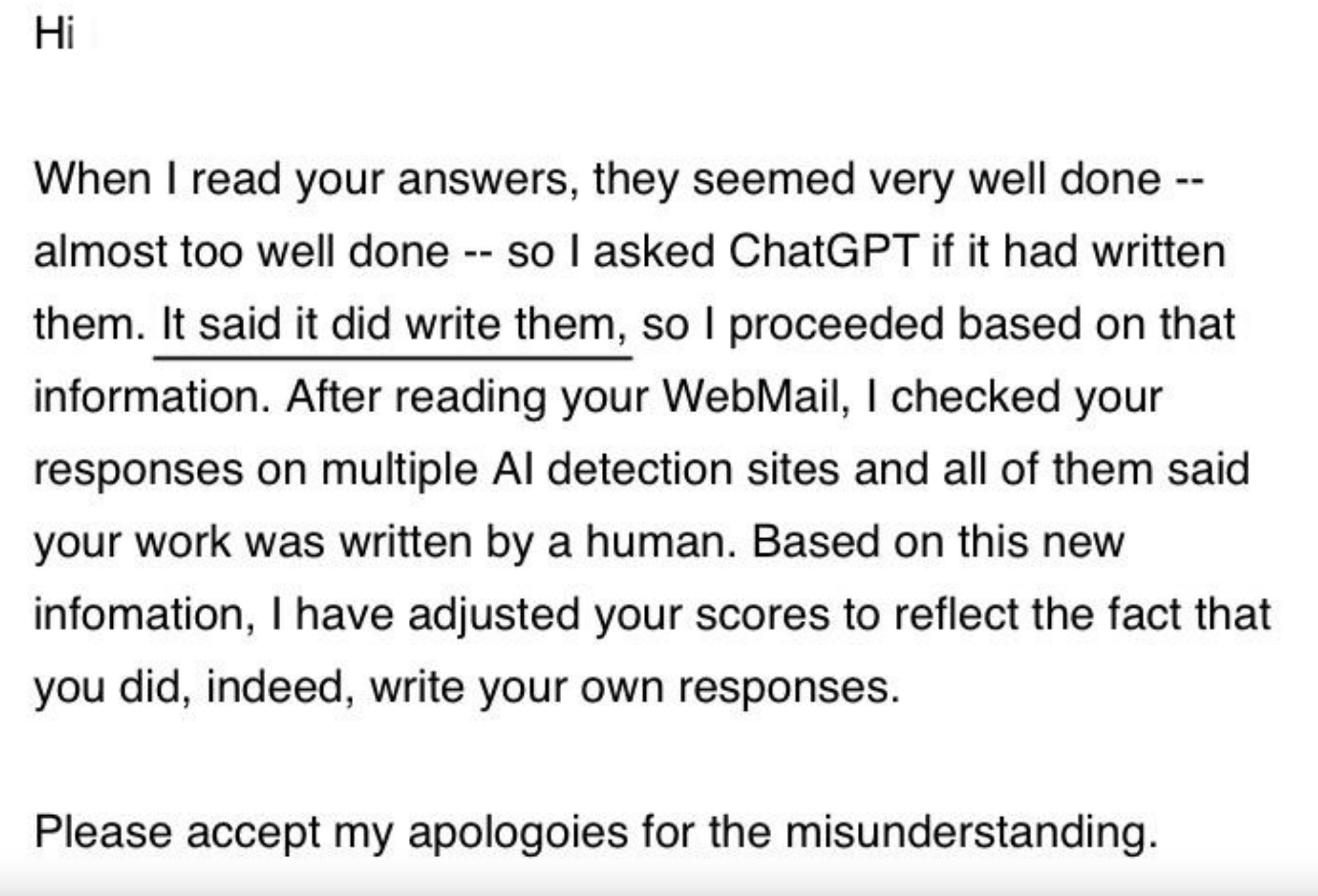 Apology letter stating the writer initially doubted the recipient's work was AI-generated but later confirmed it was original, adjusting grades accordingly