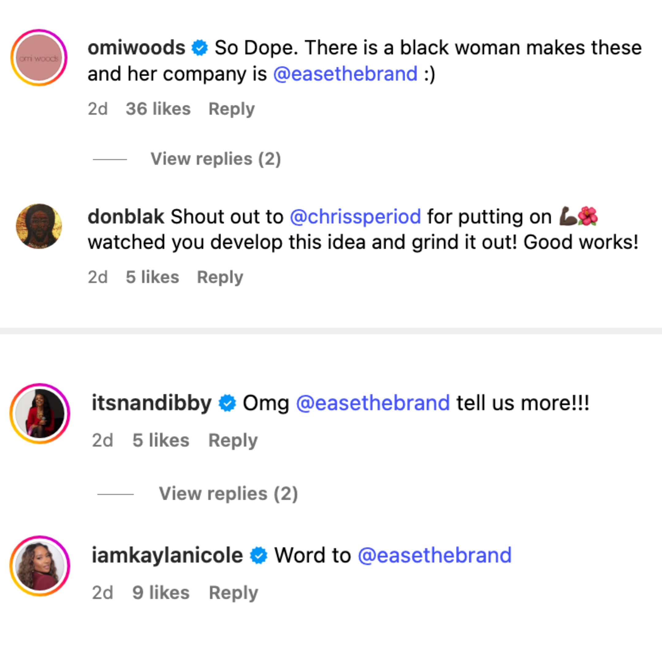 Screenshot of social media comments praising a product by a Black woman-owned company, Ease the Brand. Users express admiration and support
