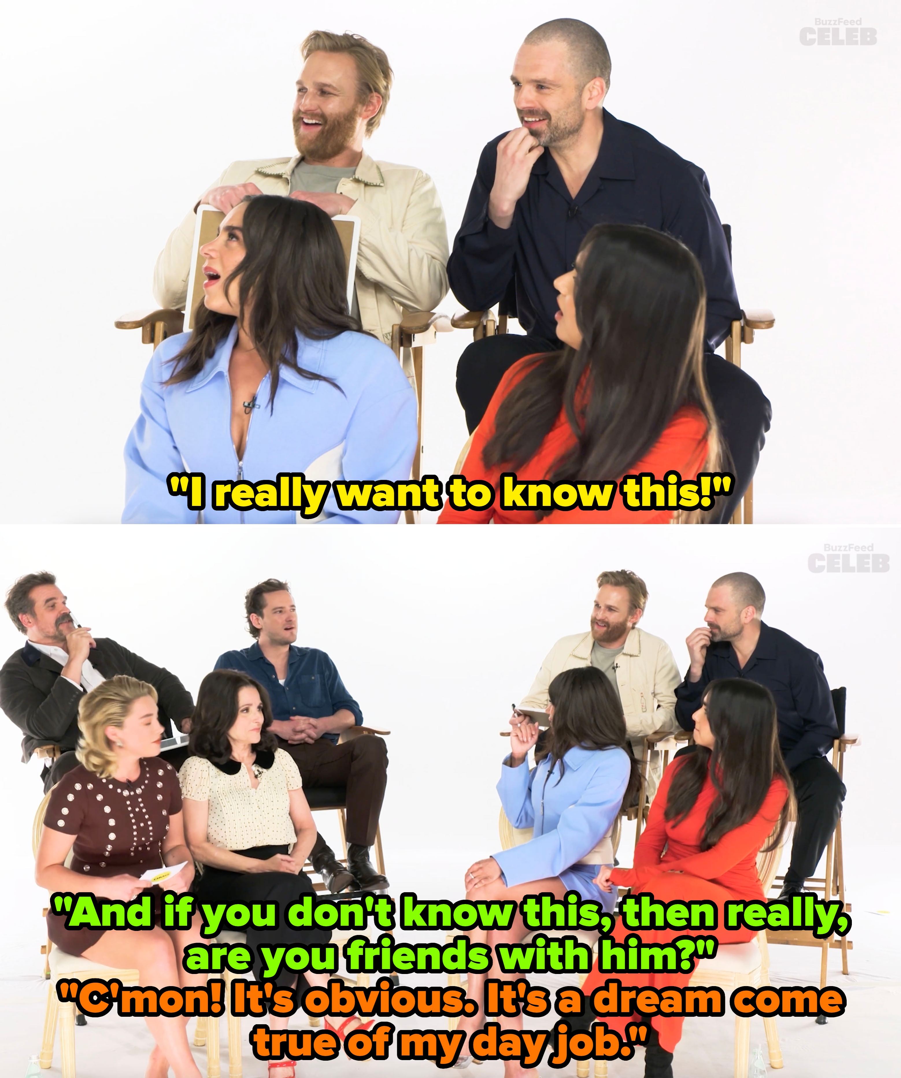 Group of actors sitting and talking together during an interview, wearing casual and stylish outfits