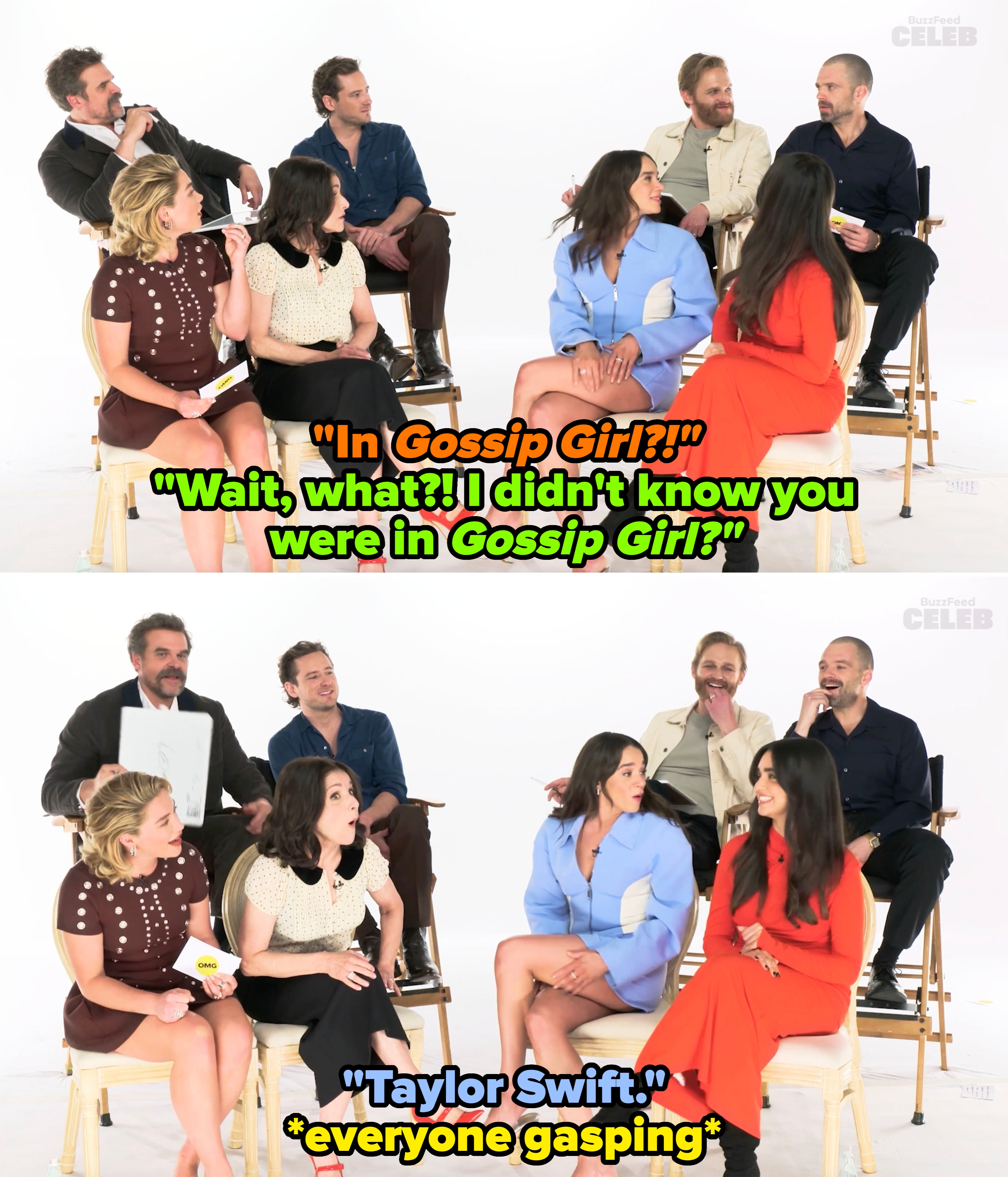 Cast members in casual chic attire sit and chat in a group setting, engaged in a lively conversation for a TV and movies interview