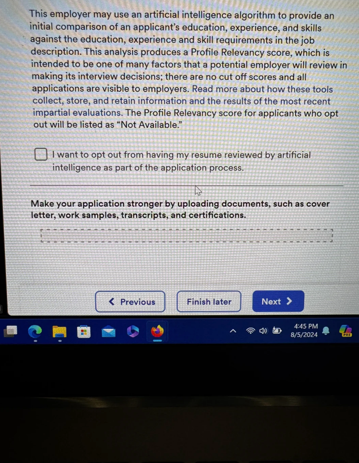 Summary of text: The image discusses an employer's use of AI to assess job applications. Applicants can opt out of the AI review by unchecking a box