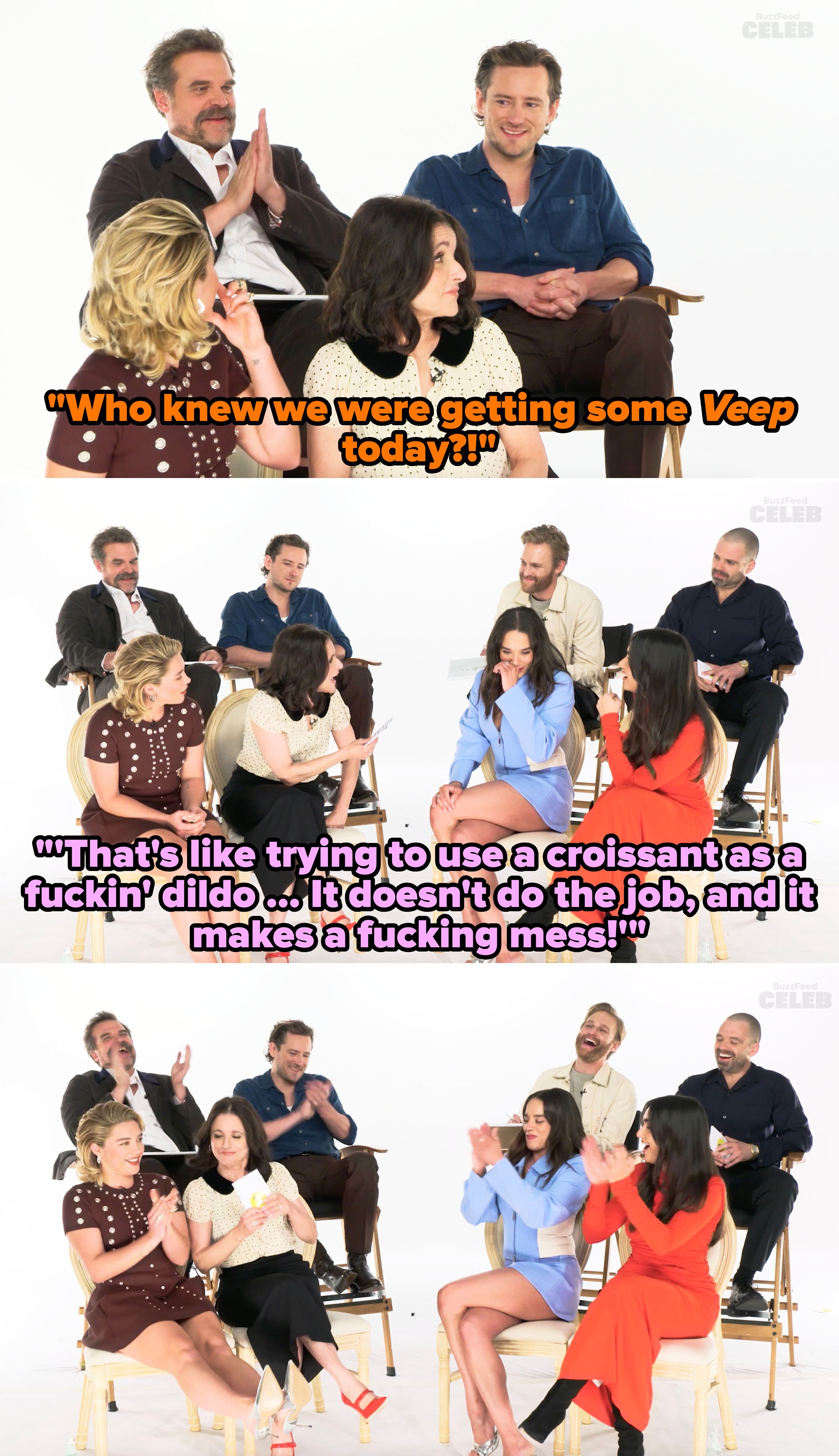 Cast members of a TV show are seated for an interview. They engage in animated conversations and laughter, dressed in casual and dressy outfits