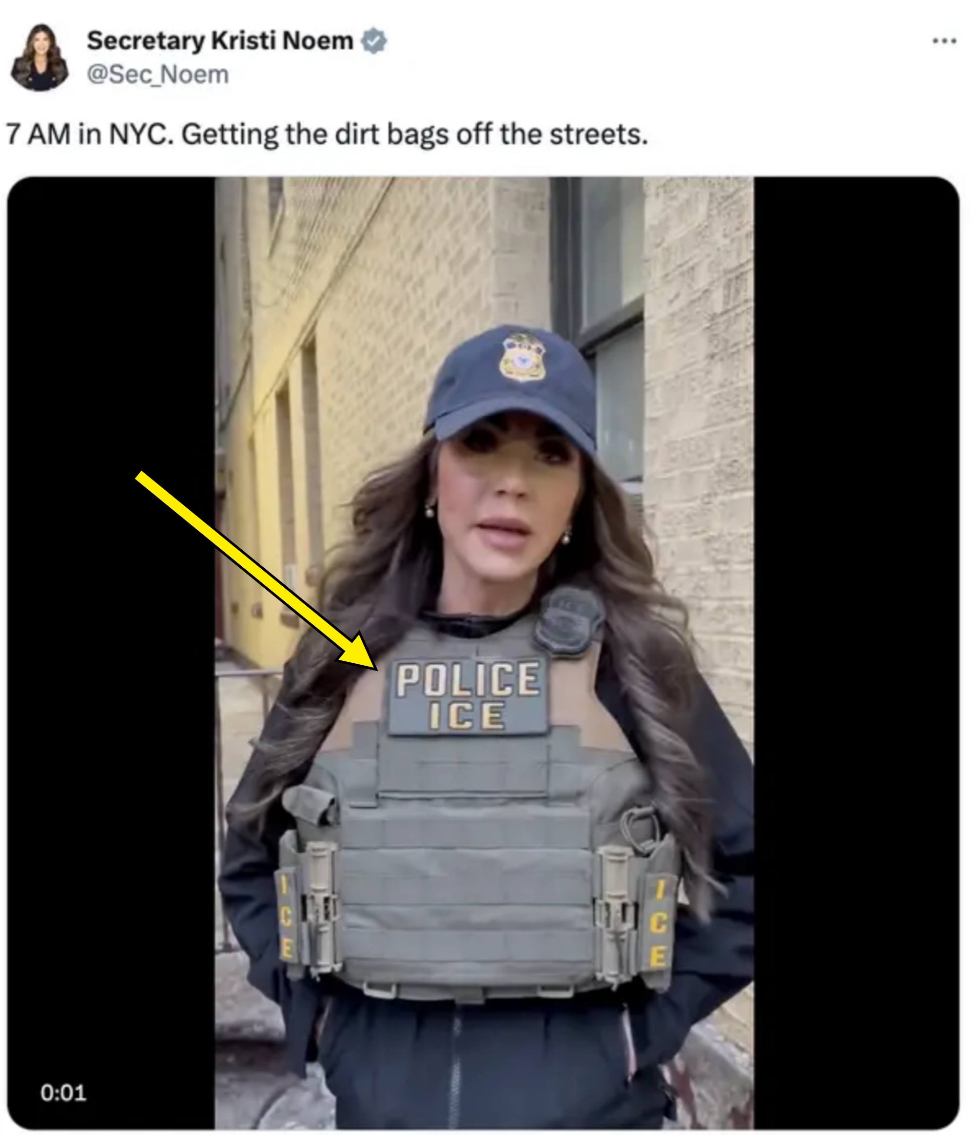 A person wearing a cap and a tactical vest labeled "Police ICE" stands in an alleyway, with text about "getting dirt bags off the streets."