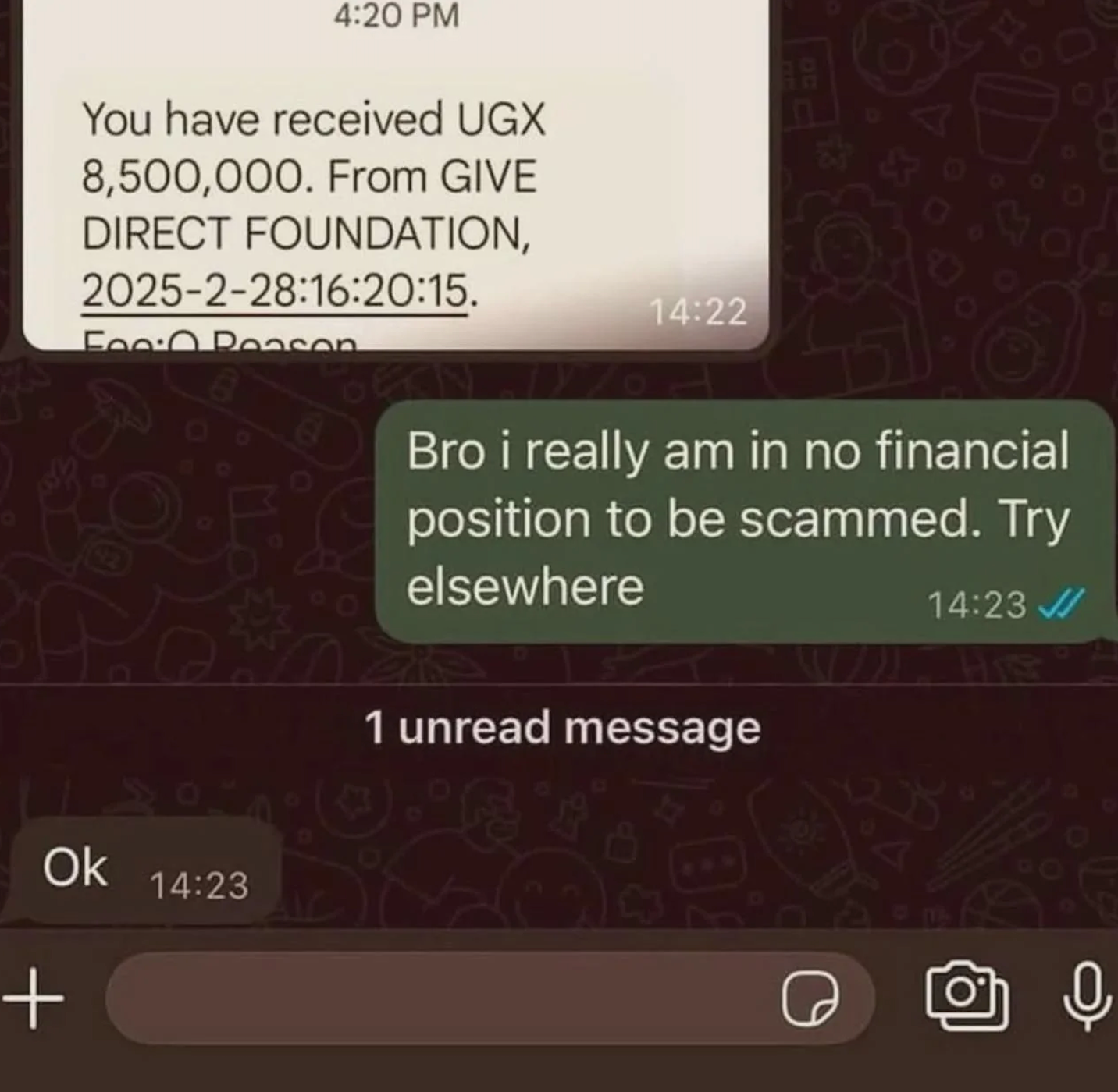 Screenshot of a text conversation about receiving UGX 8.5M. The recipient declines, suspecting a scam