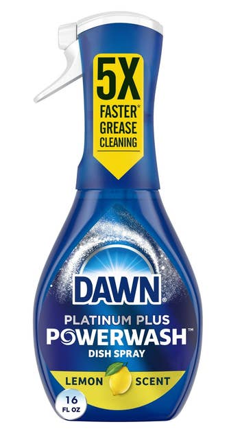 Dawn Platinum Plus Powerwash Dish Spray vessel with a citrus scent, claiming 5x faster grease cleaning, 16 fl oz size