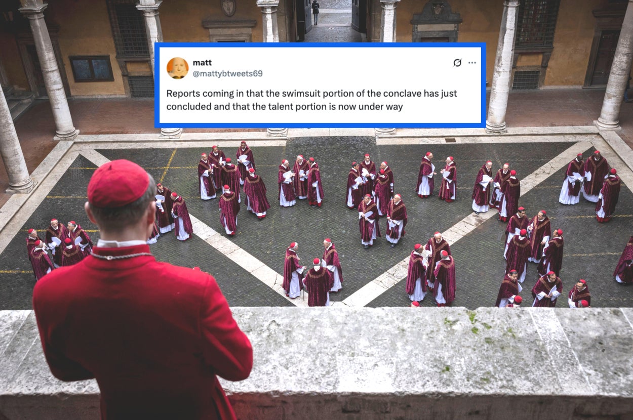 A person in religious attire overlooks a courtyard with others similarly dressed below. A humorous tweet about a conclave appears in the sky
