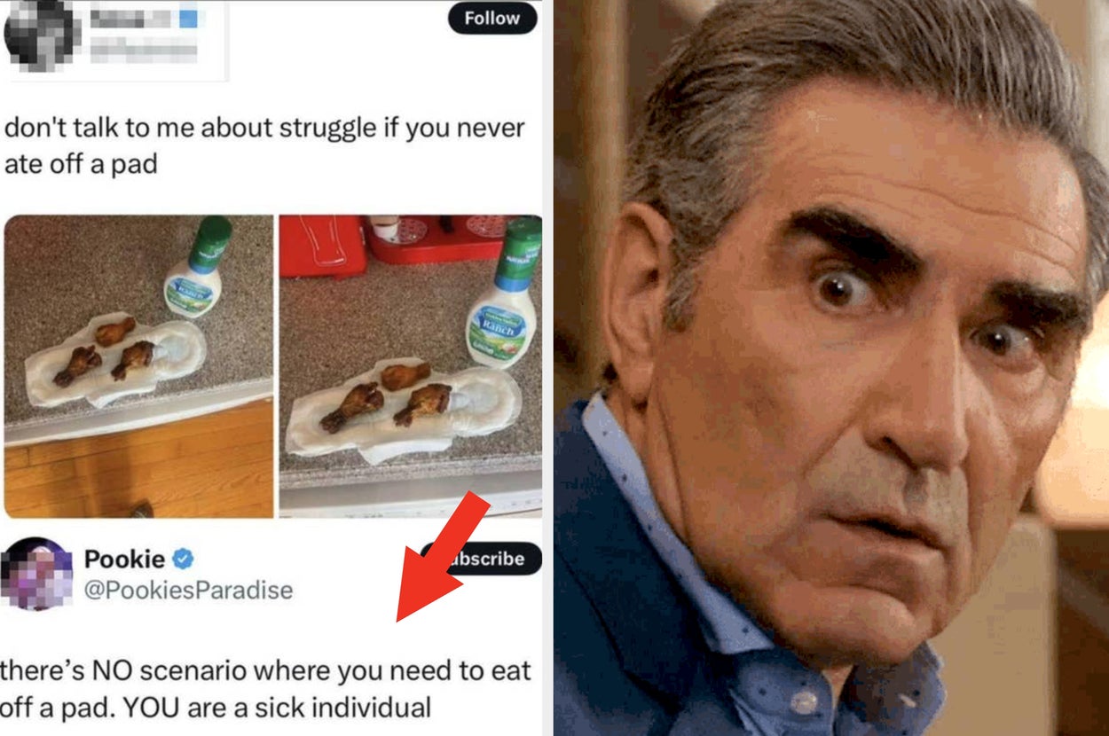 Side-by-side: One tweet jokes about eating off a pad with images of food on a pad, another comments on the inappropriateness. Surprised man's face