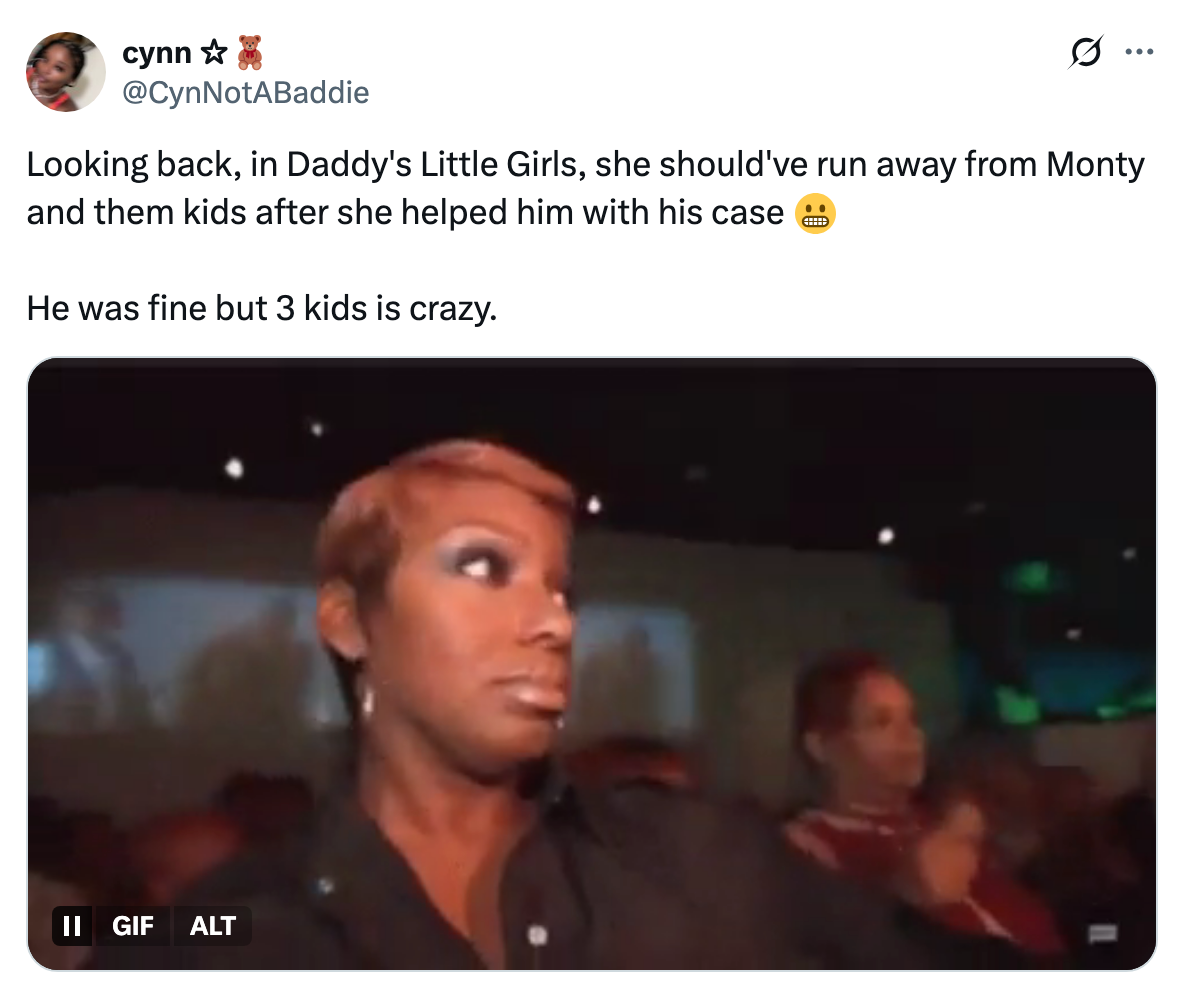 A woman with short hair rolls her eyes in a humorous reaction, with text about the film "Daddy's Little Girls."