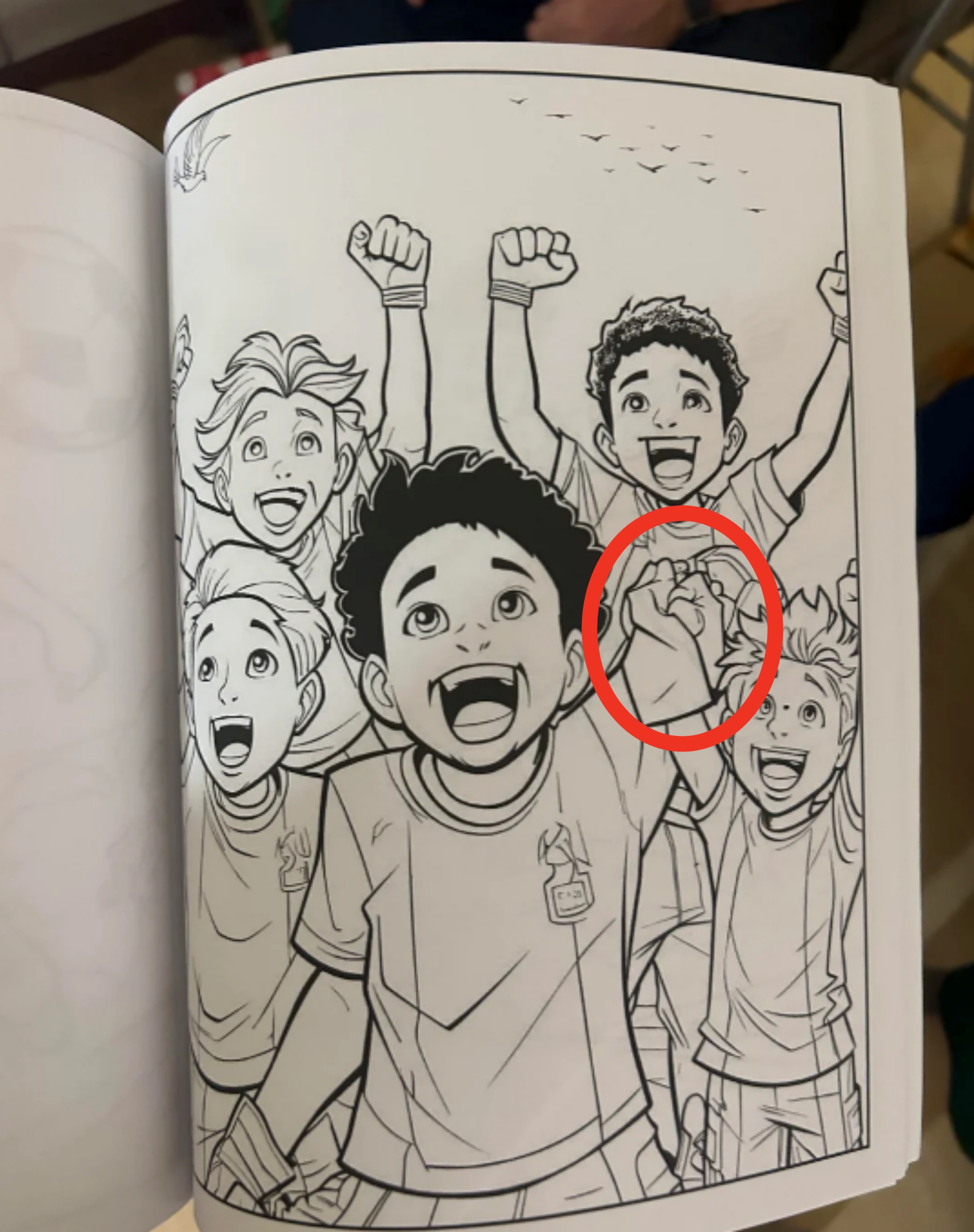 Illustrated kids cheer joyfully, looking upwards with arms raised. They're wearing casual shirts with emblem designs, conveying excitement