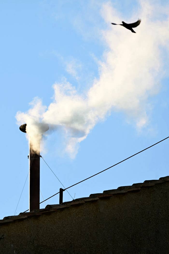 Chimney on a rooftop emitting smoke into the sky as a bird flies nearby