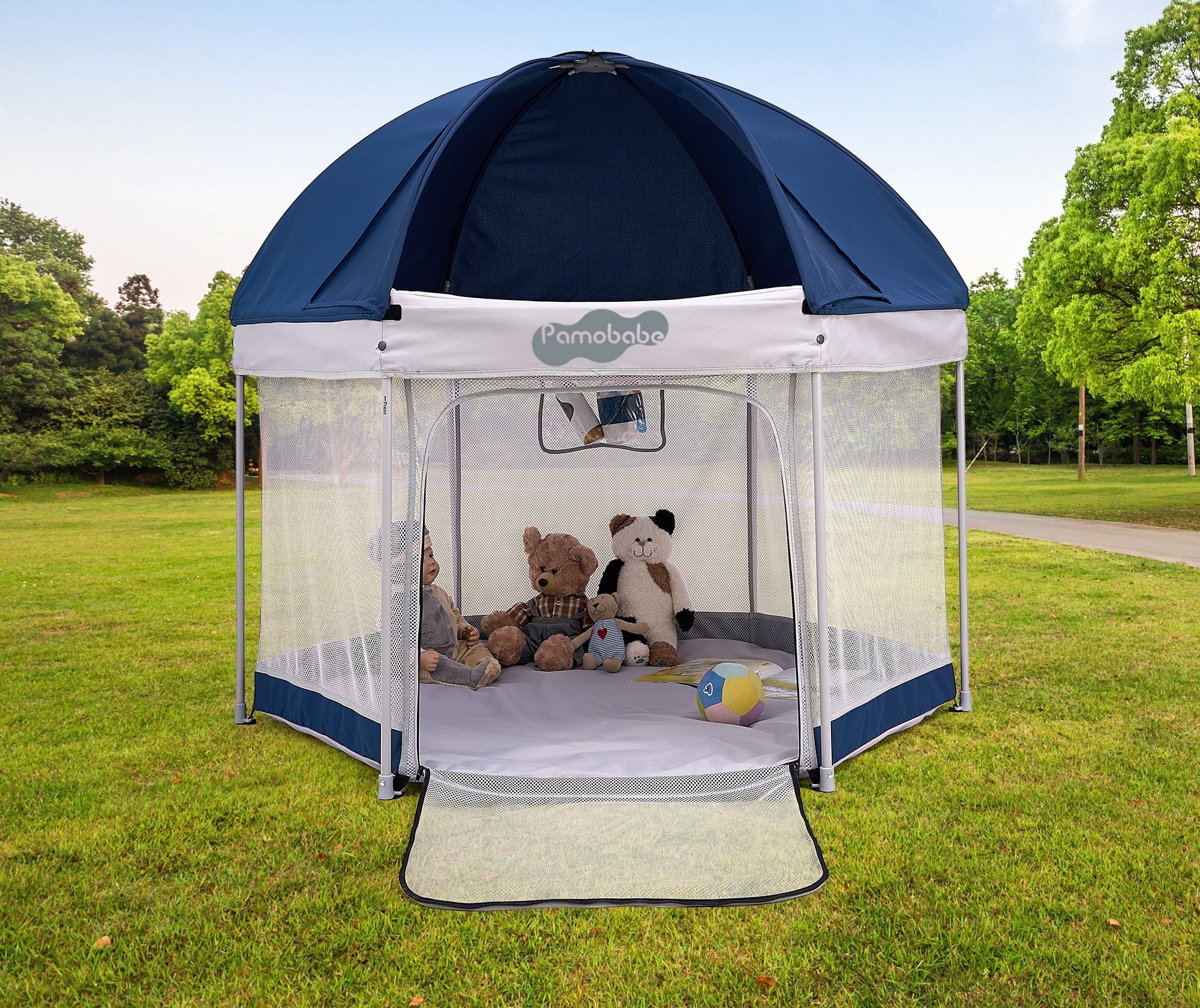 Playpen tent with toys inside on a grassy field, featuring an open door for easy access