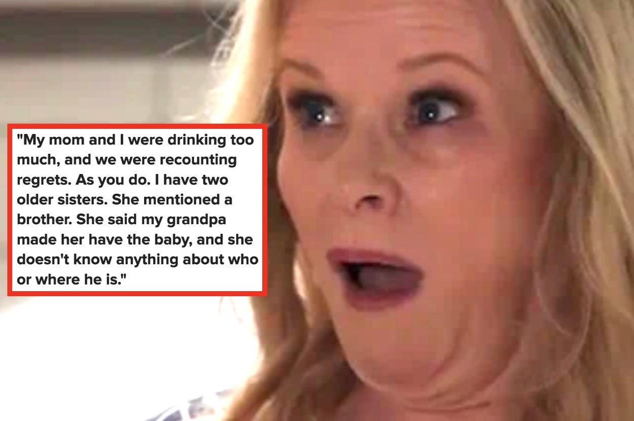 Woman with a surprised expression. Text reveals a story about family secrets concerning a secret brother