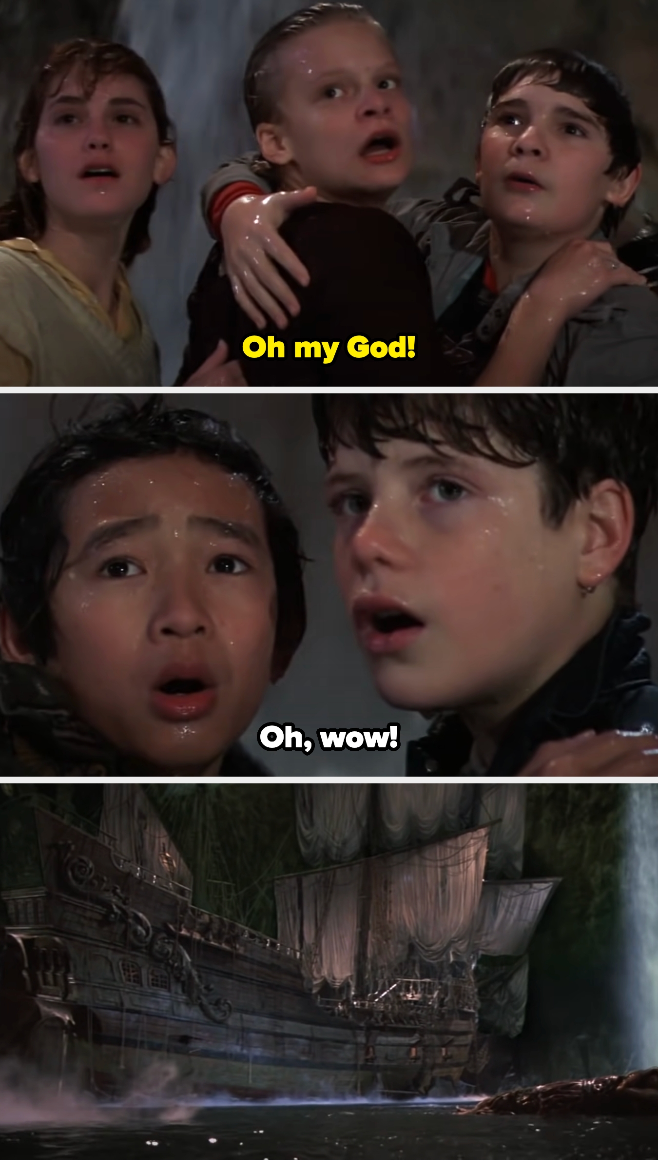 the children stare in wonder at the majestic pirate ship they've found