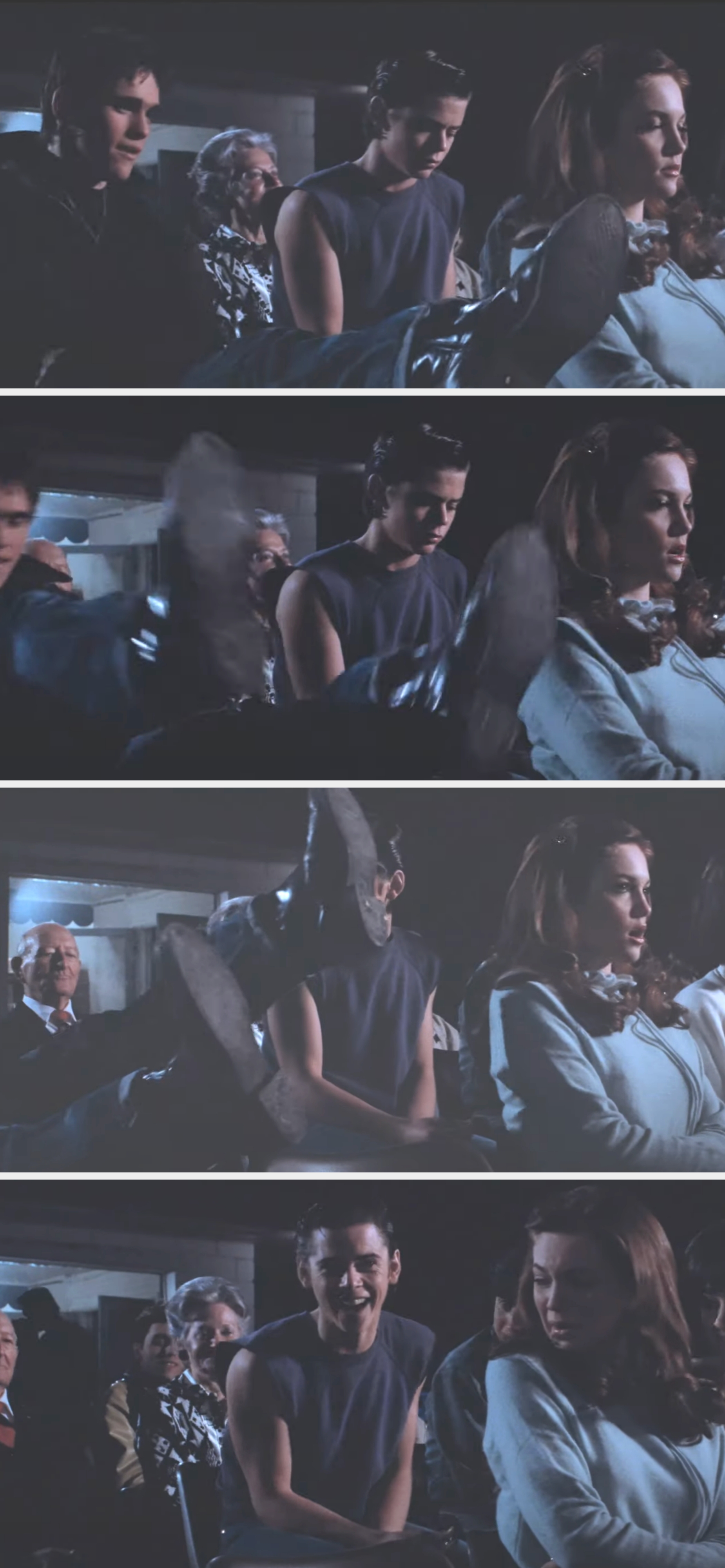 Matt puts his feet up and promptly topples backwards, prompting shocked and laughing reactions from his castmates