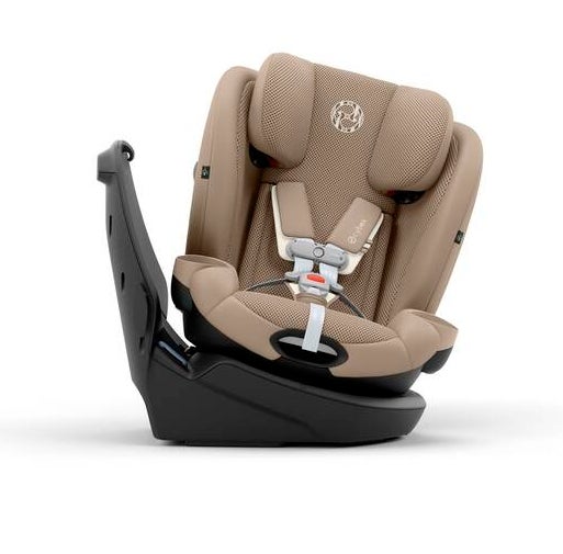 Child safety car seat with adjustable headrest and harness, mounted on a black base. Designed for secure transportation of young children