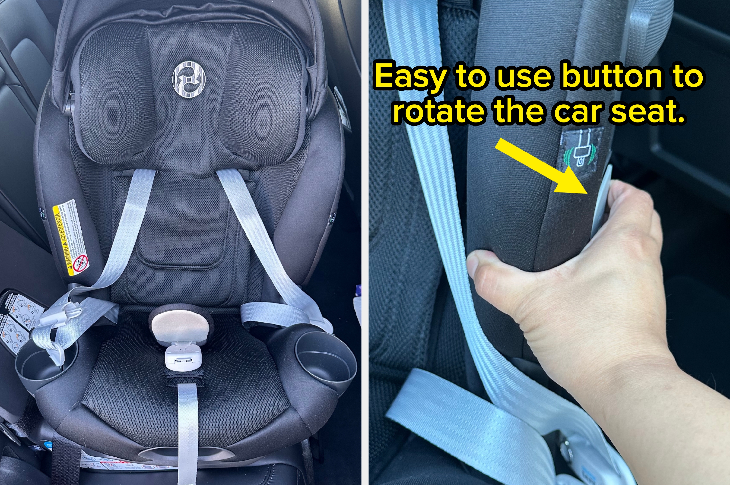 Car seat with adjustable straps and a hand demonstrating secure attachment