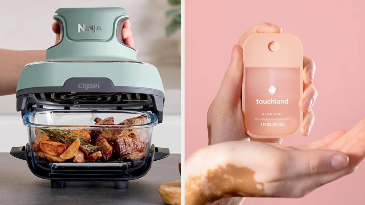Ninja air fryer with roasted potatoes and Touchland Glow Mist hand sanitizer in hands with vitiligo, promoting kitchen and skincare products
