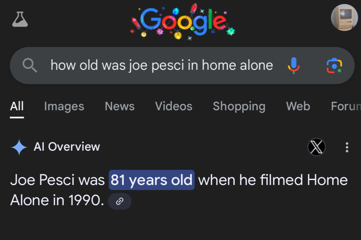 Search result showing that Joe Pesci was 81 years old when he filmed "Home Alone" in 1990