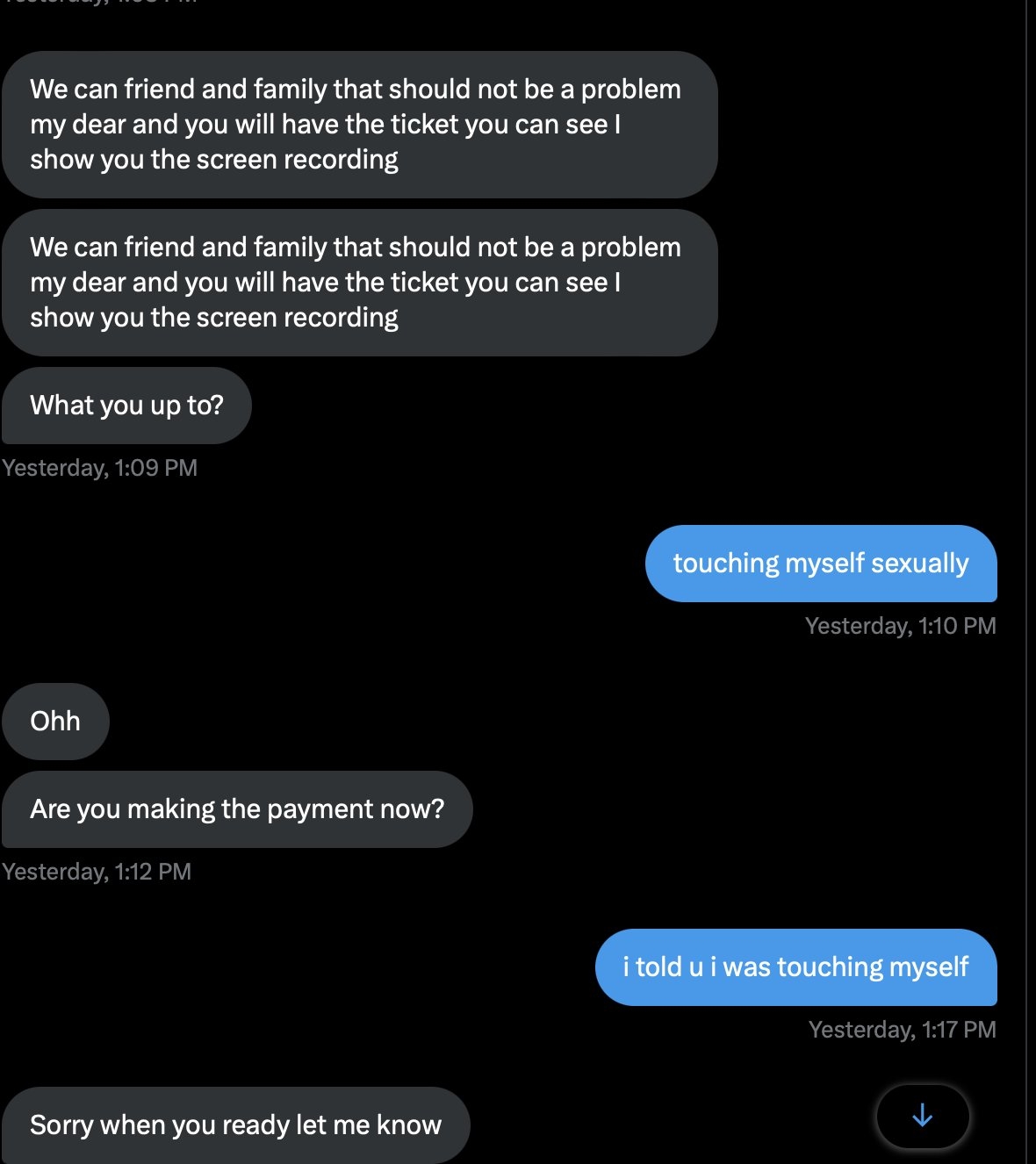 Chat conversation about a screen recording, a ticket, and a payment. One participant mentions being busy