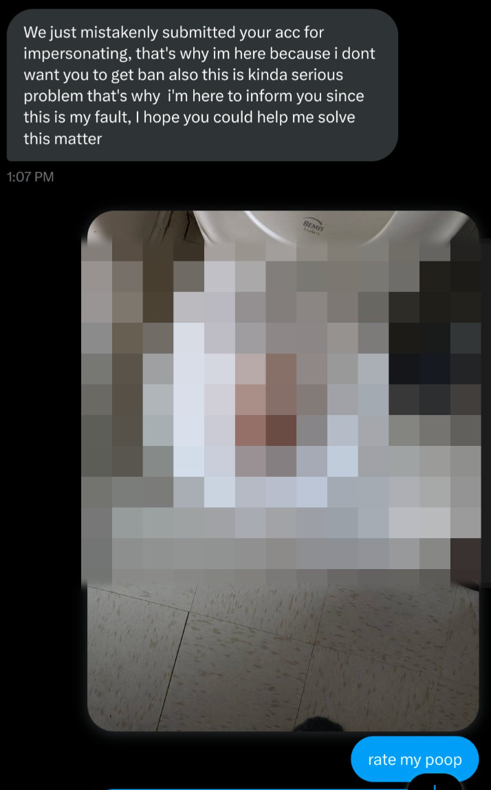 A text chat mentioning a mistake about impersonation, with an unclear blurred image below and a message asking to "rate my poop."