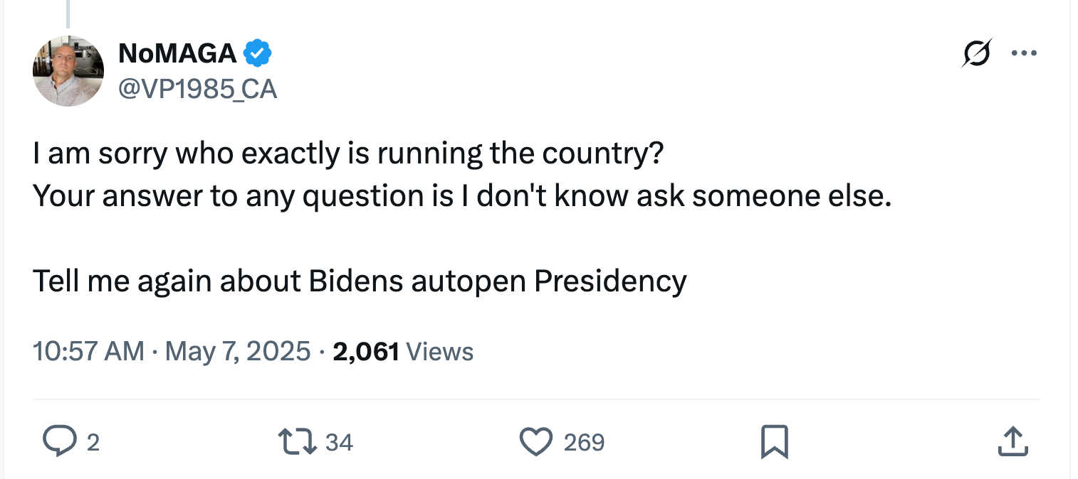 Tweet questioning who is running the country and criticizing Biden's presidency