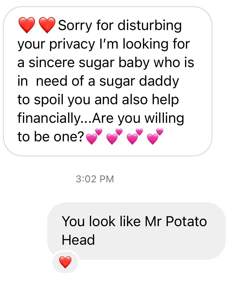 Message exchange: Someone asks for a "sugar daddy" while another responds with "You look like Mr. Potato Head."