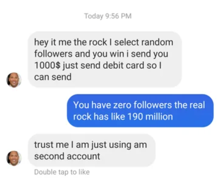 Text conversation showing a scam attempt by someone pretending to be a celebrity, asking for debit card details to send $1000