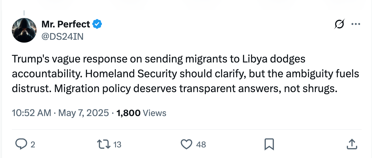 Tweet criticizes Trump's vague response on migrant policy toward Libya, urging Homeland Security for clarity. Highlights need for transparency