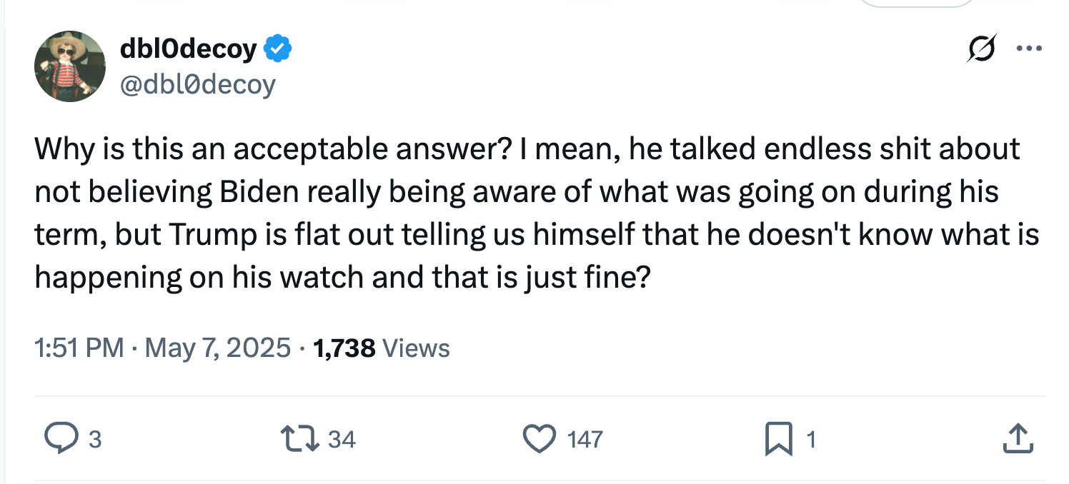 Tweet questioning why Trump seemingly admitted lack of awareness during his term, criticizing his response compared to Biden