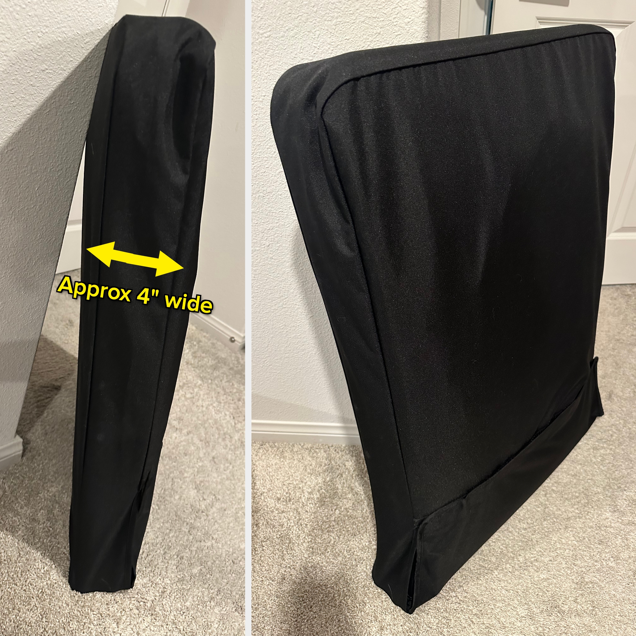 Black folding table in upright position showing thickness; noted as approximately 4 inches wide