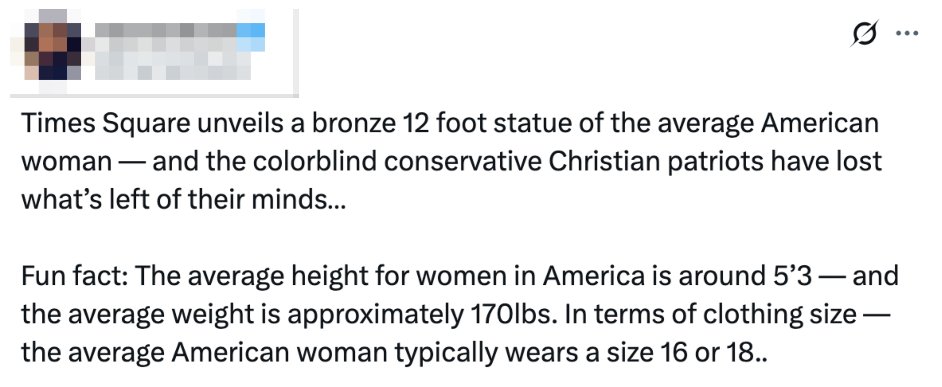 Tweet discussing a 12-foot statue in Times Square of the average American woman, noting conservative backlash and average clothing size statistics