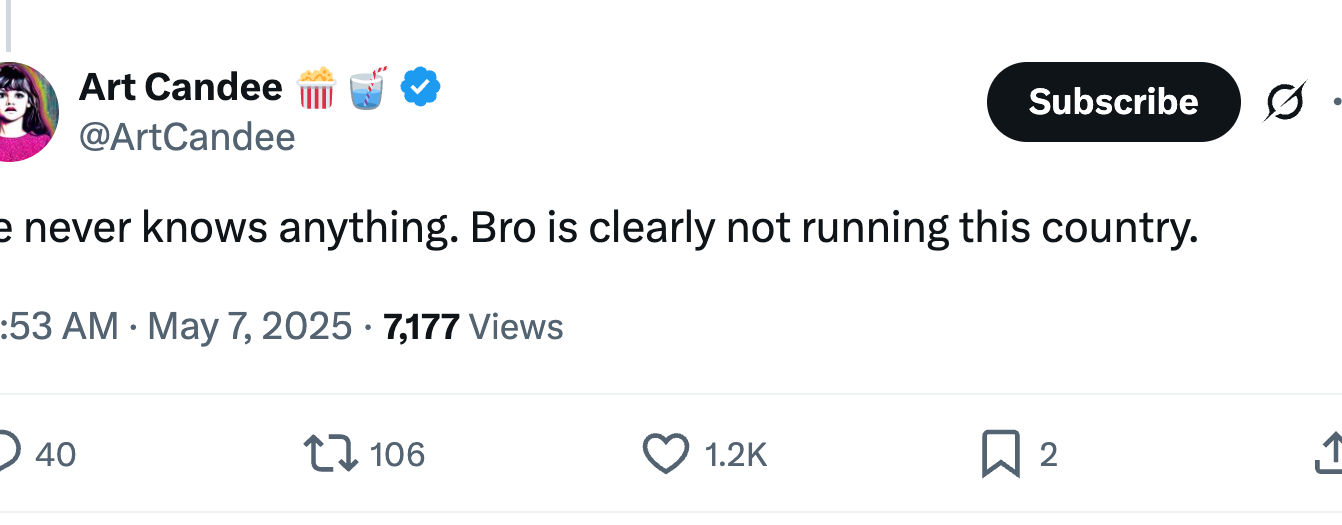 Tweet by Art Candee: &quot;He never knows anything. Bro is clearly not running this country.&quot;