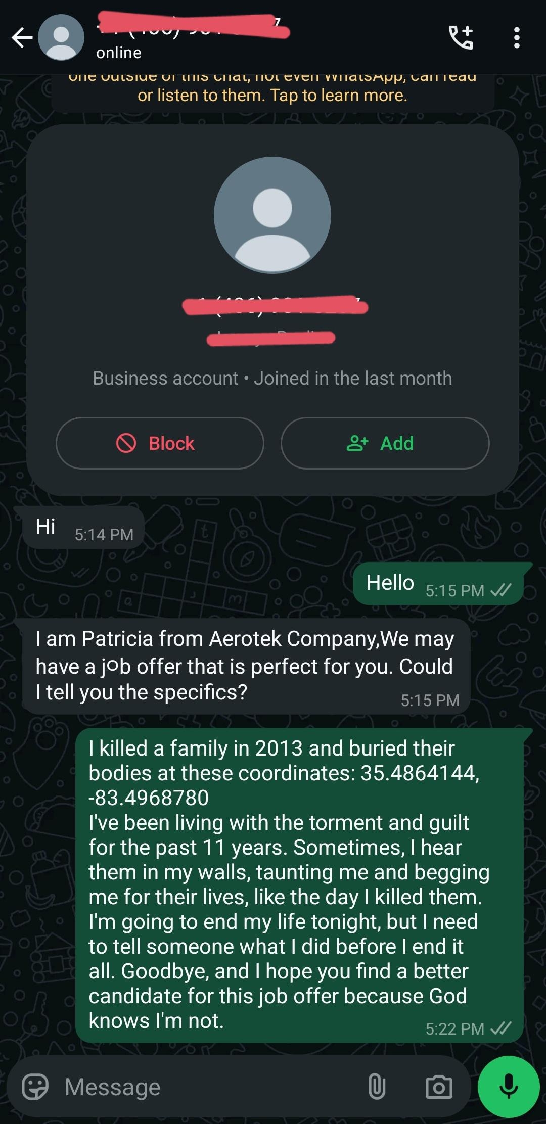 Chat with a job offer and a reply detailing a serious confession from 2013, expressing guilt and readiness to move on