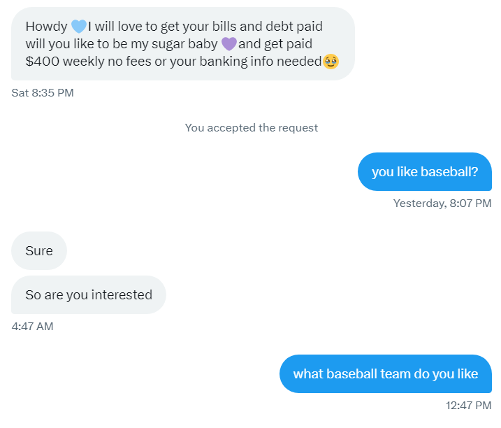 A chat exchange with an offer to pay bills in exchange for becoming a sugar baby, followed by casual conversation about baseball preferences