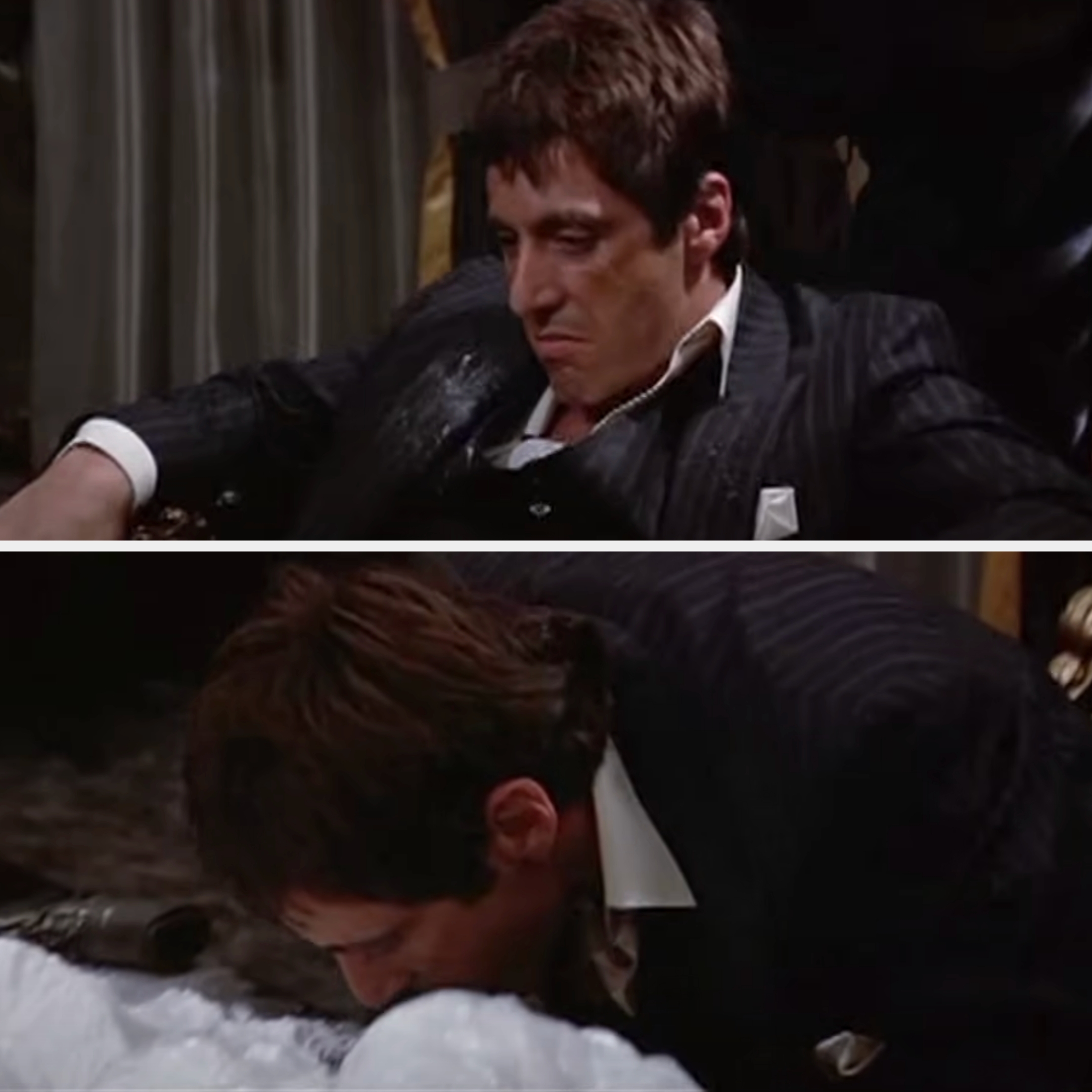 in a scene, Al leans into a large pile of cocaine