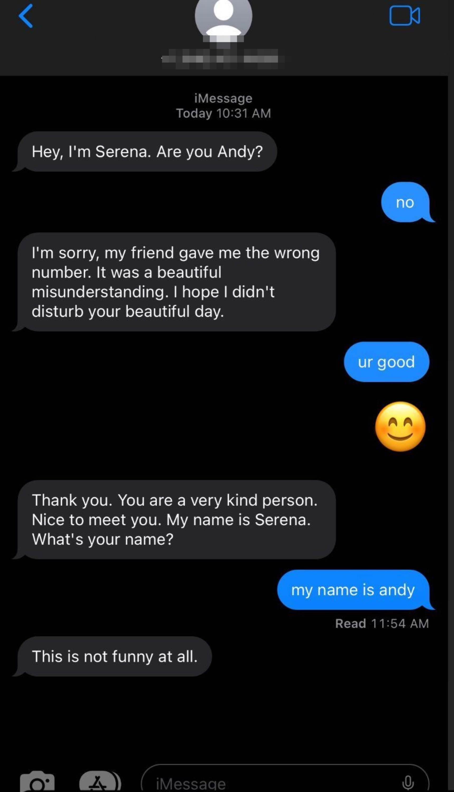 A text conversation where Serena mistakenly contacts Andy, apologizes, and introduces herself. Andy responds humorously, and Serena gets upset