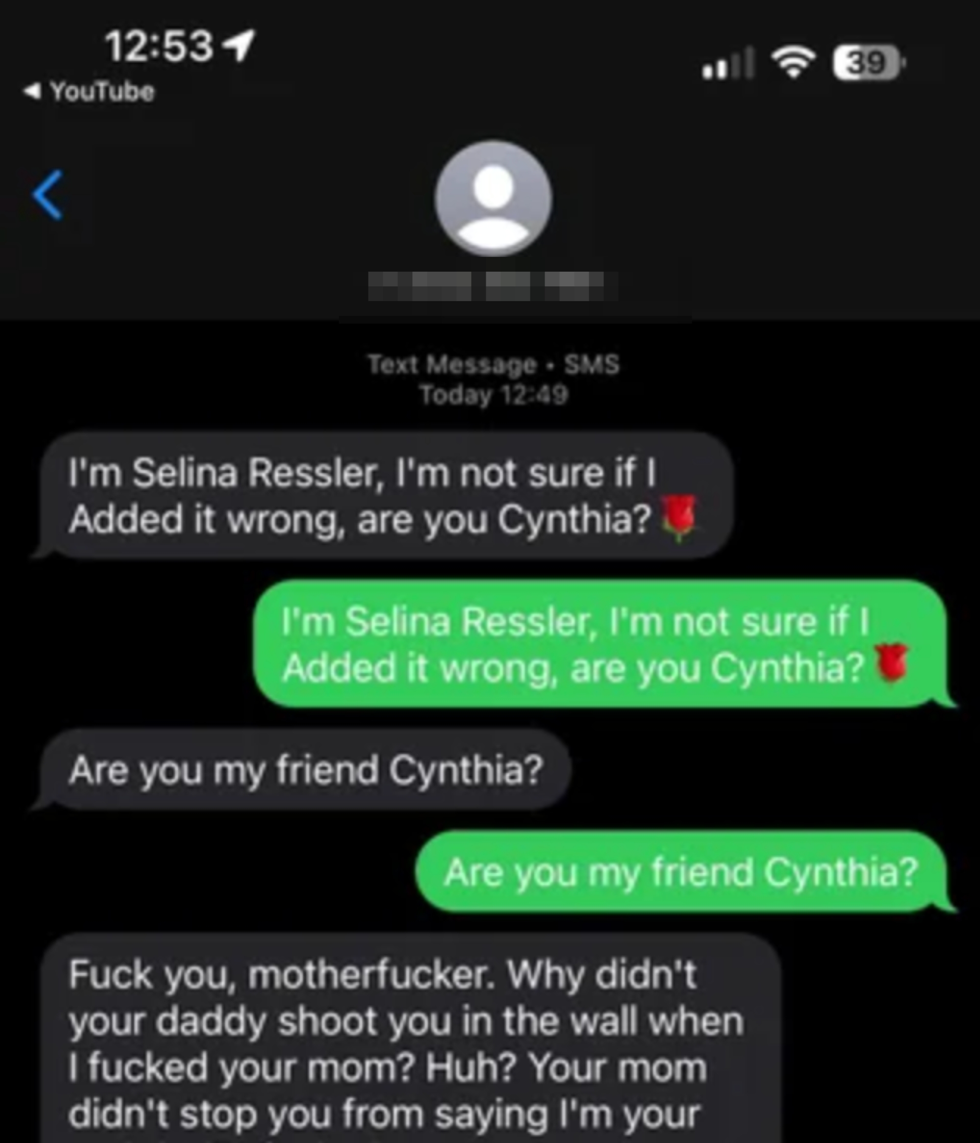 Text message exchange with person mistakenly identified as Cynthia, escalating from confusion to offensive language