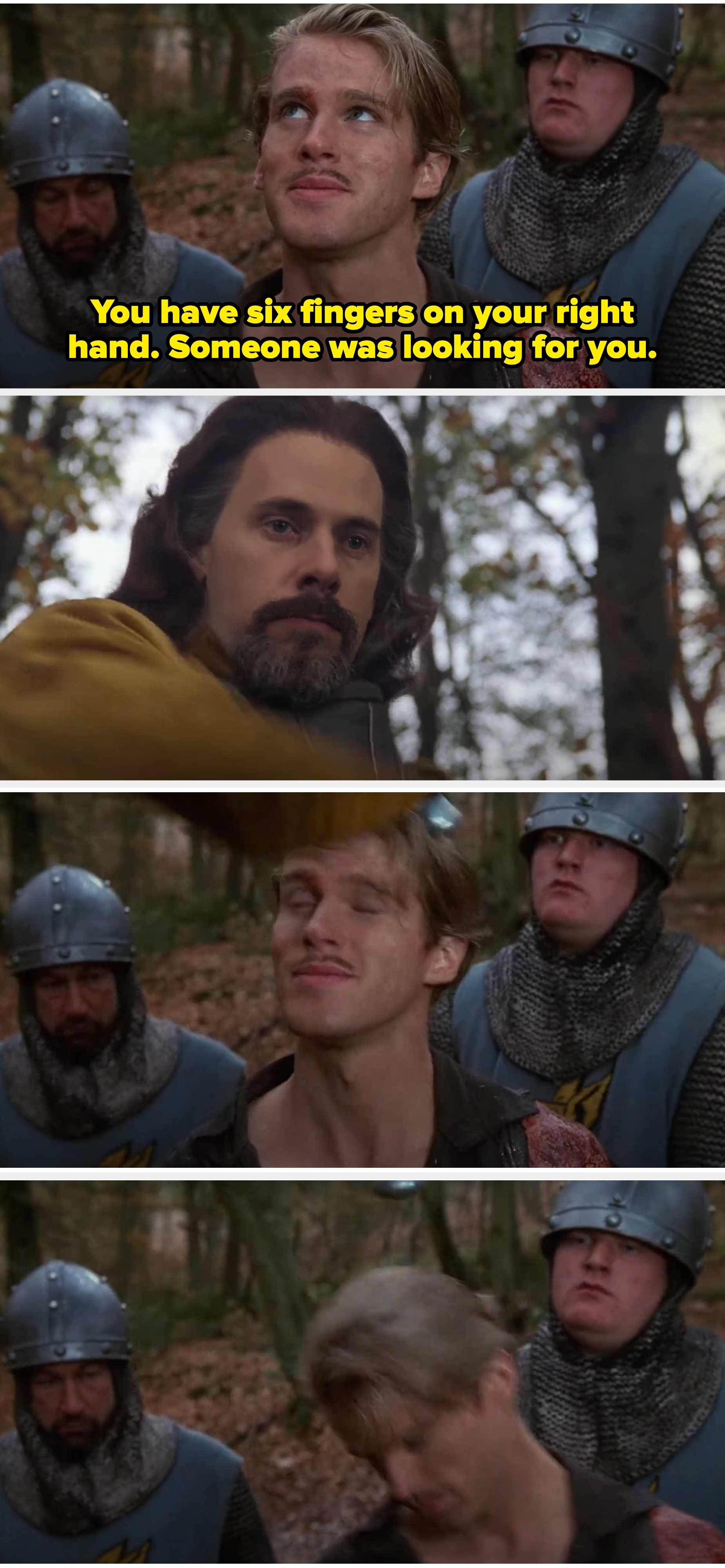 Cary says, &quot;You have six fingers on your right hand. Someone was looking for you,&quot; and Chris bonks him on the head with a sword, causing him to pass out