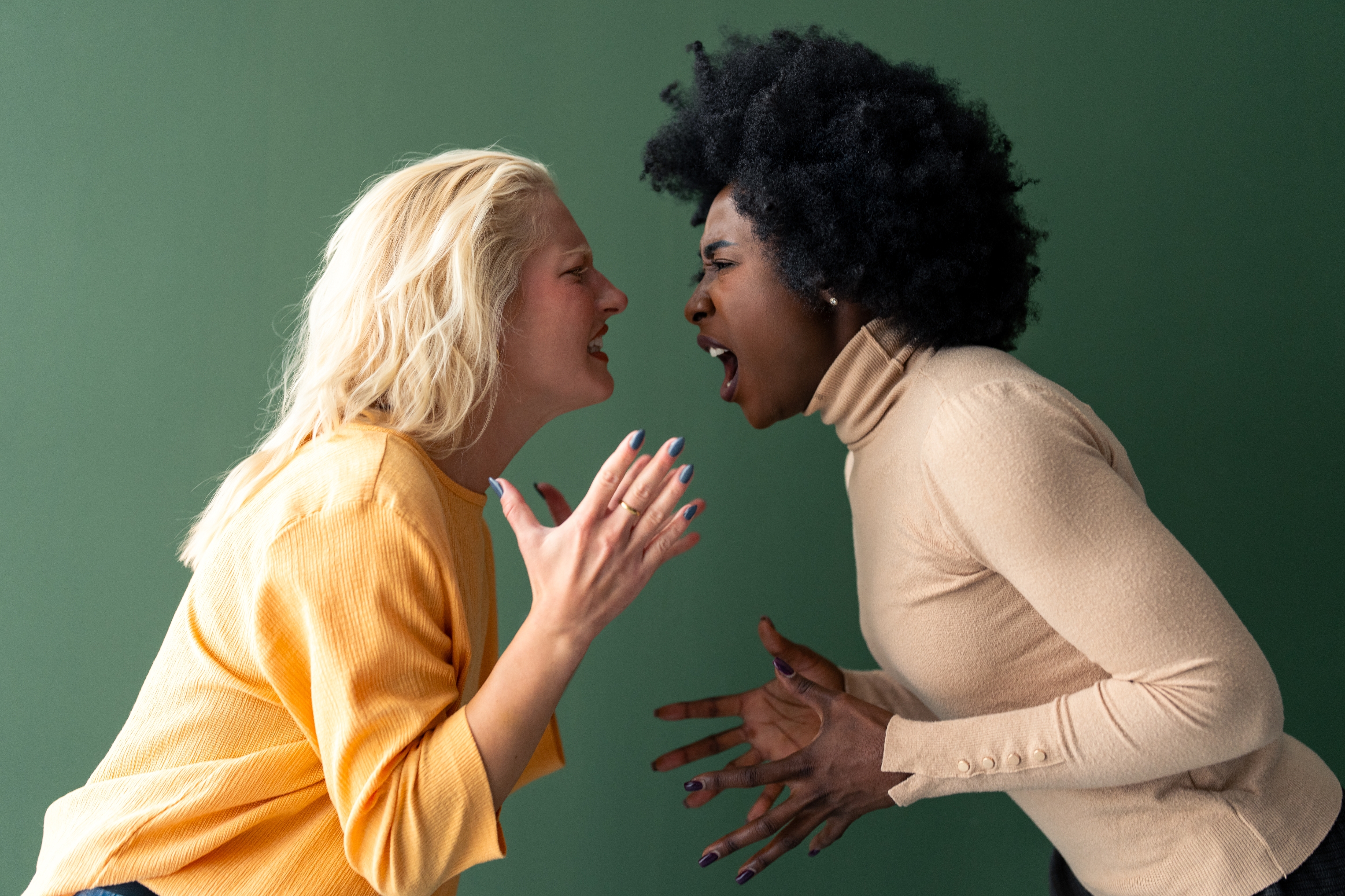 Two women facing each other, passionately talking, in an intense discussion. One wears a sweater, the other a turtleneck