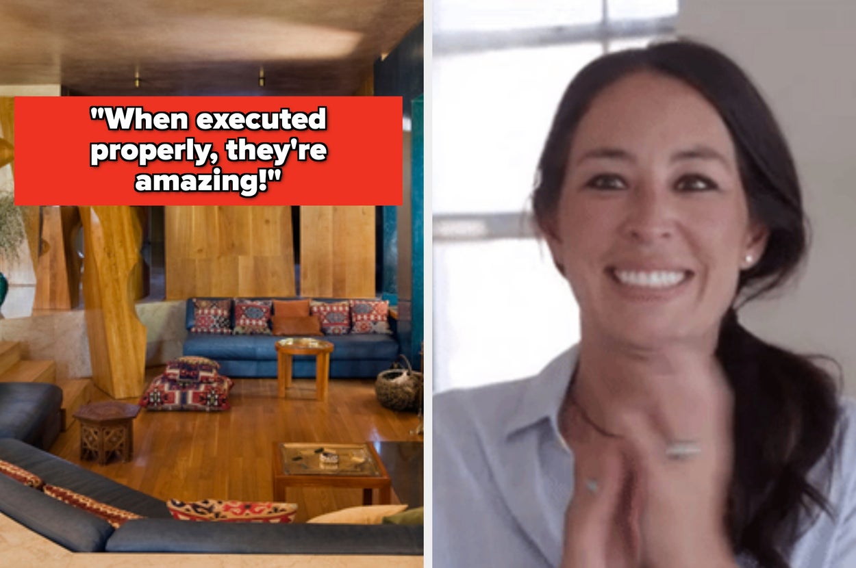 Split image: left shows a stylishly decorated living room. Right shows a woman smiling and clapping. Text reads, "When executed properly, they're amazing!"