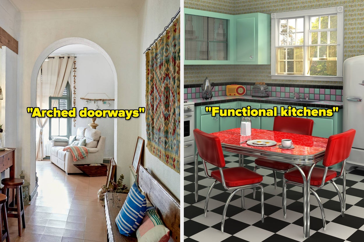 Two interior home images: left features arched doorways, and right shows a retro-style kitchen with checkered flooring and bright furniture